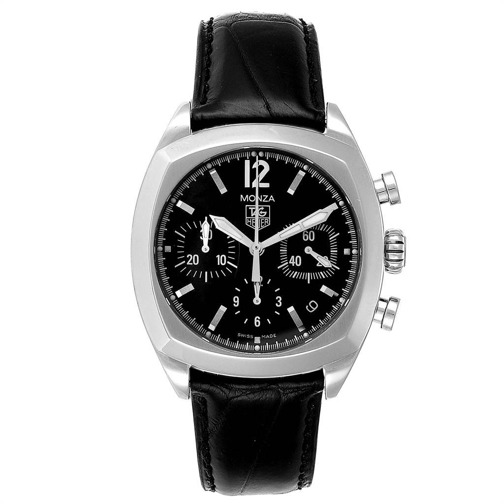 This image shows a front view of the Tag Heuer Monza CR2113.FC6164 Men's Stainless Steel Black Dial CR2113.FC6164 Men's Stainless Steel Black Dial watch, highlighting its black dial, chronograph subdials, and leather strap.