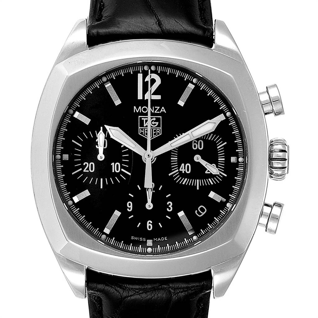 The image shows a front view of a Tag Heuer Monza CR2113.FC6164 Men's Stainless Steel Black Dial CR2113.FC6164 Men's Stainless Steel Black Dial watch, highlighting its black dial, chronograph subdials, and leather strap.