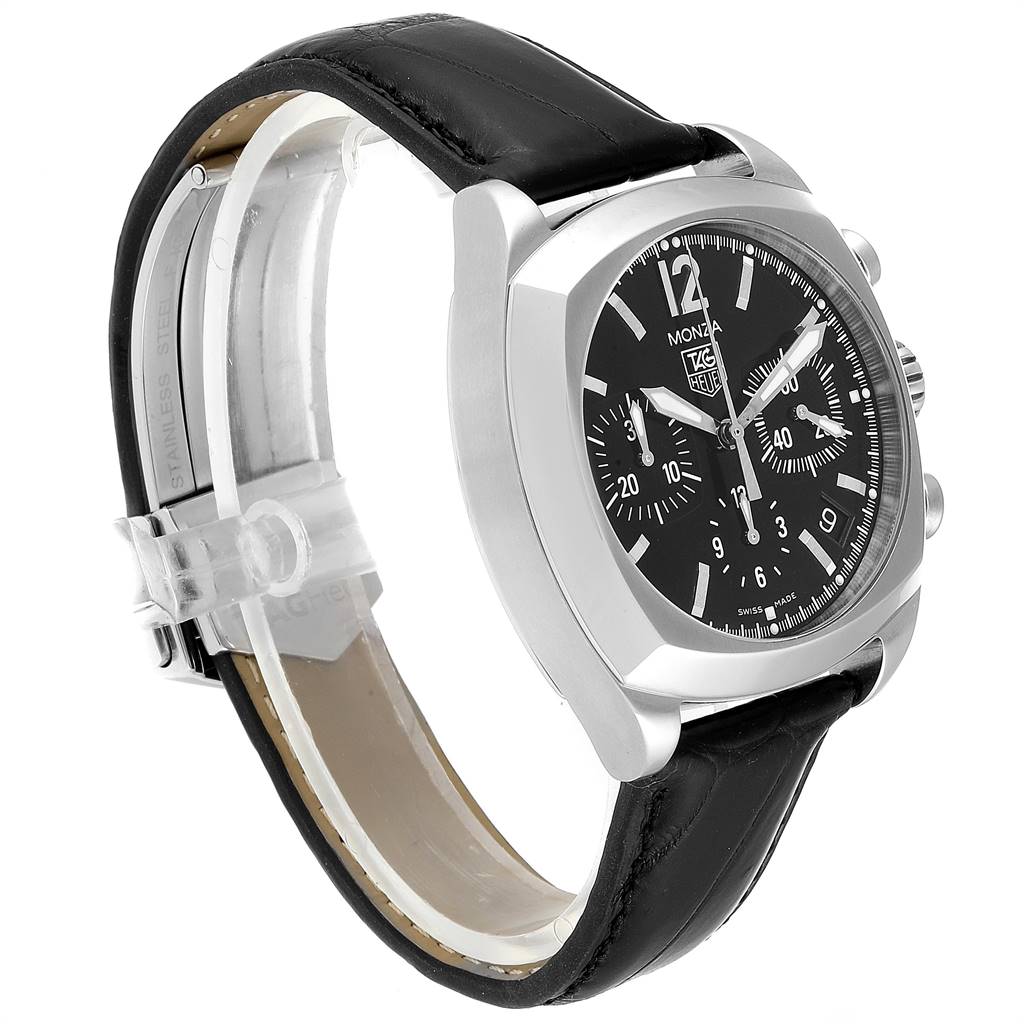The Tag Heuer Monza CR2113.FC6164 Men's Stainless Steel Black Dial CR2113.FC6164 Men's Stainless Steel Black Dial watch is shown at a side angle, displaying its black dial, chronograph, and black leather strap.
