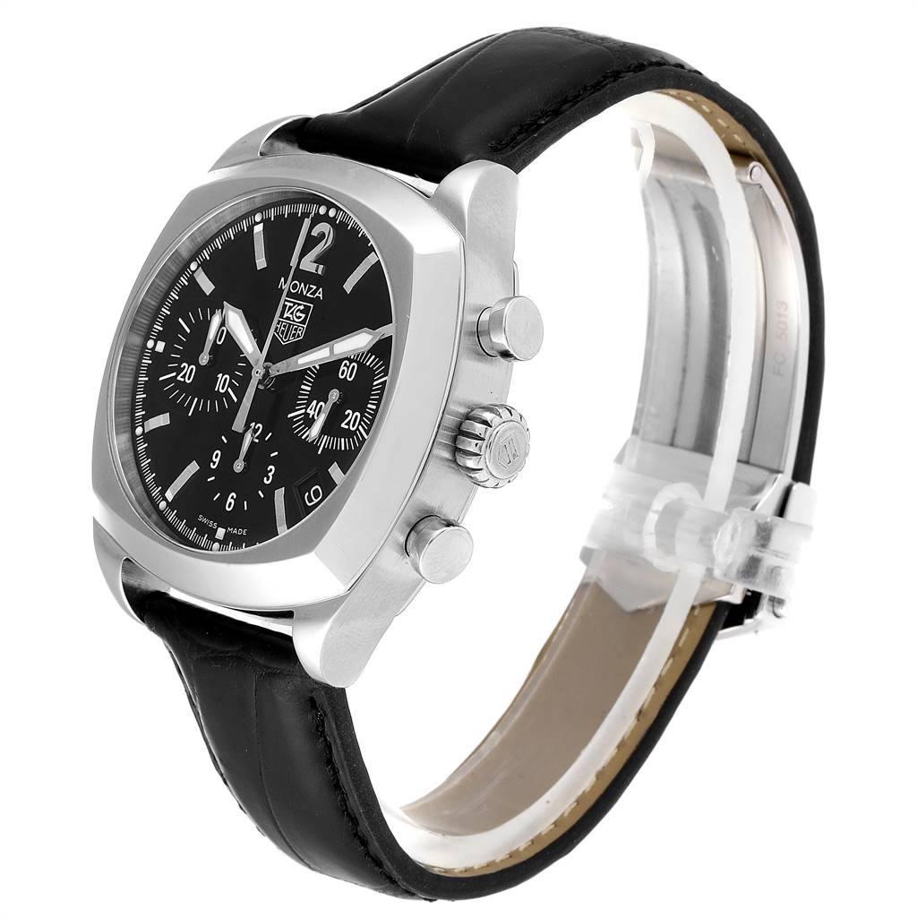 The image shows a side-angle view of the Tag Heuer Monza CR2113.FC6164 Men's Stainless Steel Black Dial CR2113.FC6164 Men's Stainless Steel Black Dial watch, highlighting its face, crown, pushers, and leather strap.