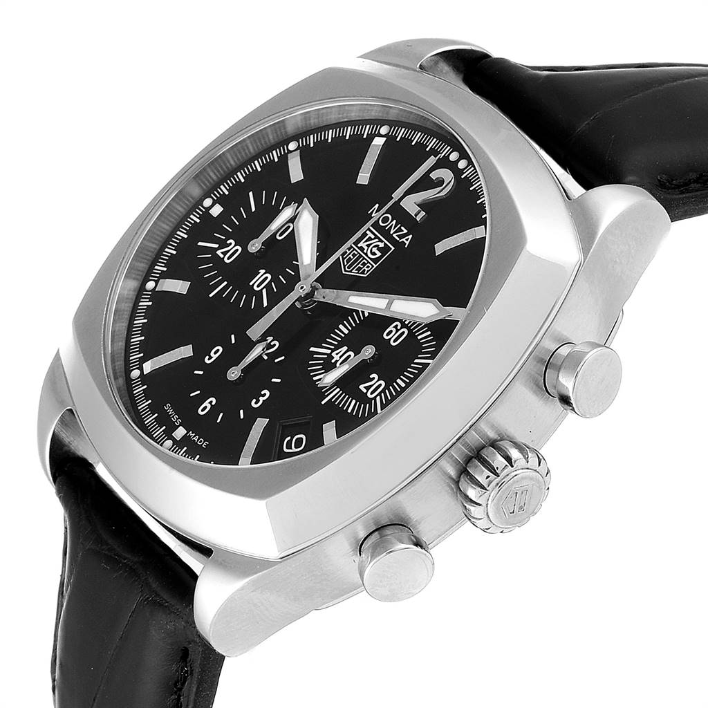The image shows a Tag Heuer Monza CR2113.FC6164 Men's Stainless Steel Black Dial CR2113.FC6164 Men's Stainless Steel Black Dial watch at an angled side view, highlighting its case, crown, pushers, and black dial.