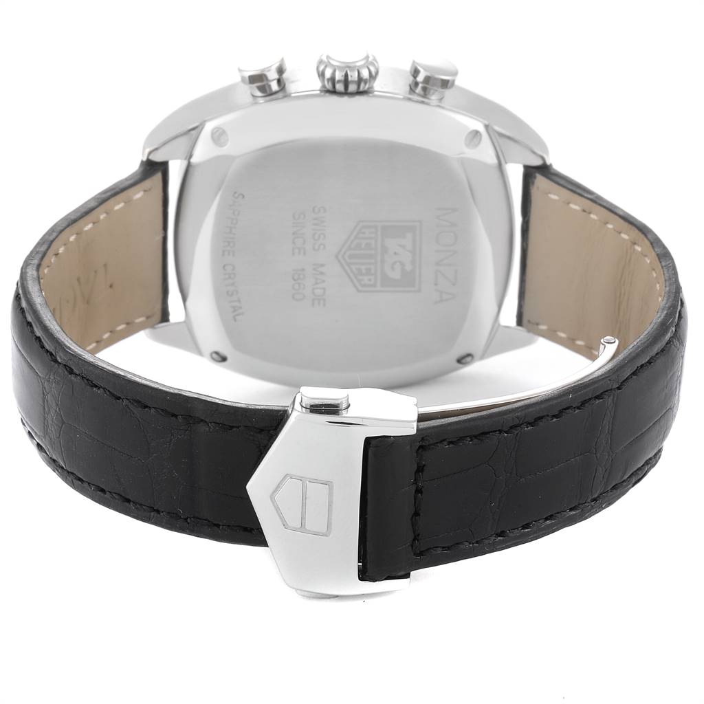 The image shows the backside and clasp of the Tag Heuer Monza CR2113.FC6164 Men's Stainless Steel Black Dial CR2113.FC6164 Men's Stainless Steel Black Dial watch, with a focus on the case back and strap.
