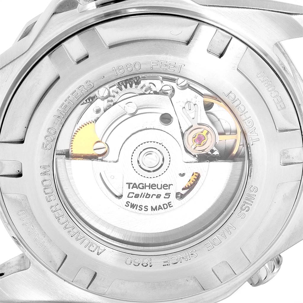 This image shows the back of a Tag Heuer Aquaracer WAJ2110.FT6015 Men's Stainless Steel Black Dial WAJ2110.FT6015 Men's Stainless Steel Black Dial watch, highlighting the Calibre 5 movement.