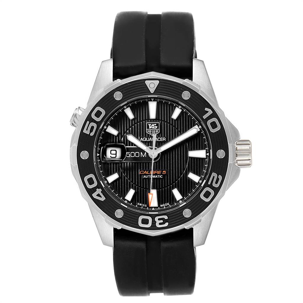 The image shows a front view of a Tag Heuer Aquaracer WAJ2110.FT6015 Men's Stainless Steel Black Dial WAJ2110.FT6015 Men's Stainless Steel Black Dial watch, displaying the dial, bezel, and black rubber strap.