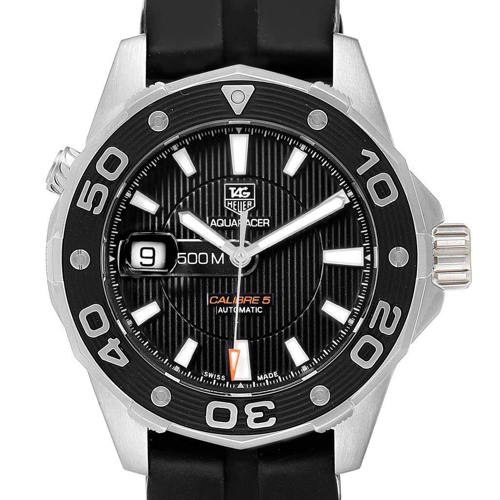 The image shows a front angle view of the Tag Heuer Aquaracer WAJ2110.FT6015 Men's Stainless Steel Black Dial WAJ2110.FT6015 Men's Stainless Steel Black Dial watch, displaying the face, bezel, and part of the strap.