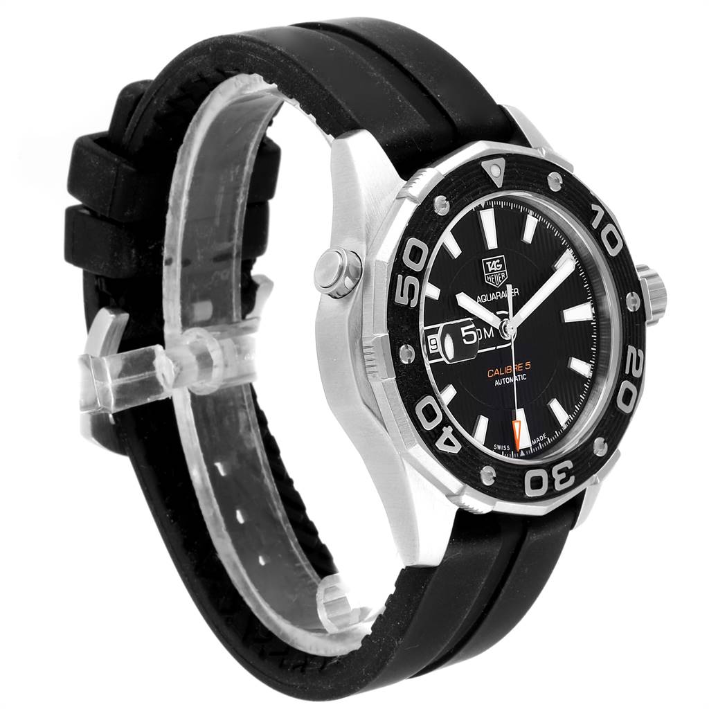 The image shows a side angle of the Tag Heuer Aquaracer WAJ2110.FT6015 Men's Stainless Steel Black Dial WAJ2110.FT6015 Men's Stainless Steel Black Dial watch, highlighting the face, bezel, strap, case, and crown.