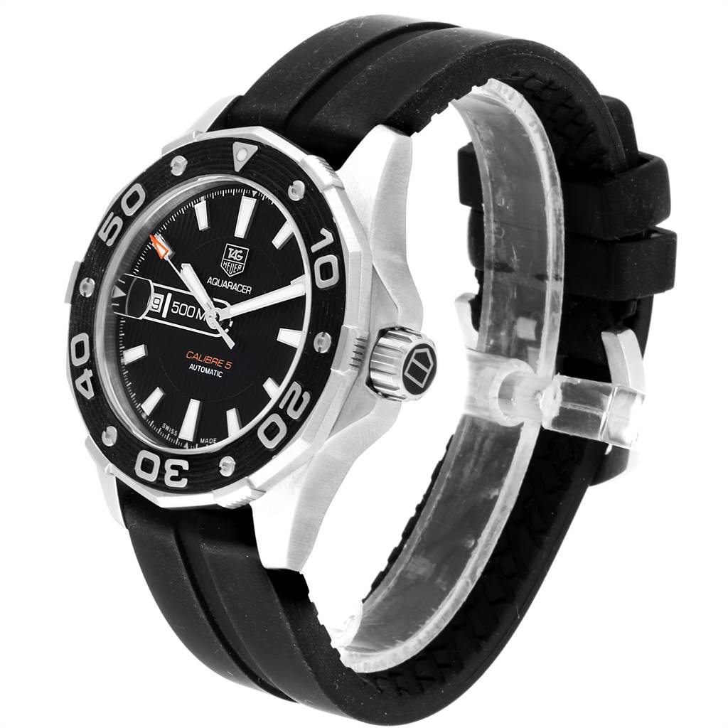 The Tag Heuer Aquaracer WAJ2110.FT6015 Men's Stainless Steel Black Dial WAJ2110.FT6015 Men's Stainless Steel Black Dial watch is shown at an angled side view, highlighting the dial, bezel, crown, and strap.