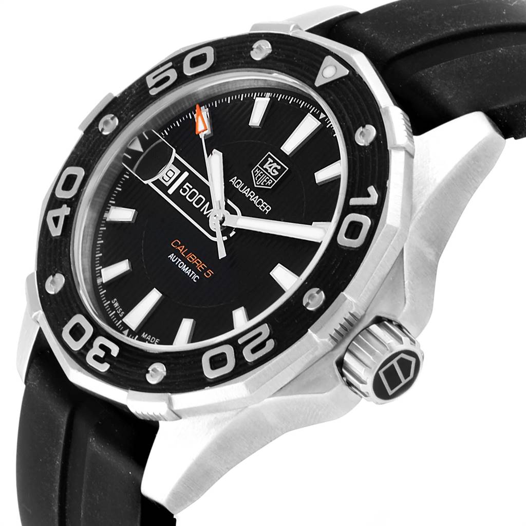 The image shows a Tag Heuer Aquaracer WAJ2110.FT6015 Men's Stainless Steel Black Dial WAJ2110.FT6015 Men's Stainless Steel Black Dial watch at an angled view, highlighting the dial, bezel, and crown.