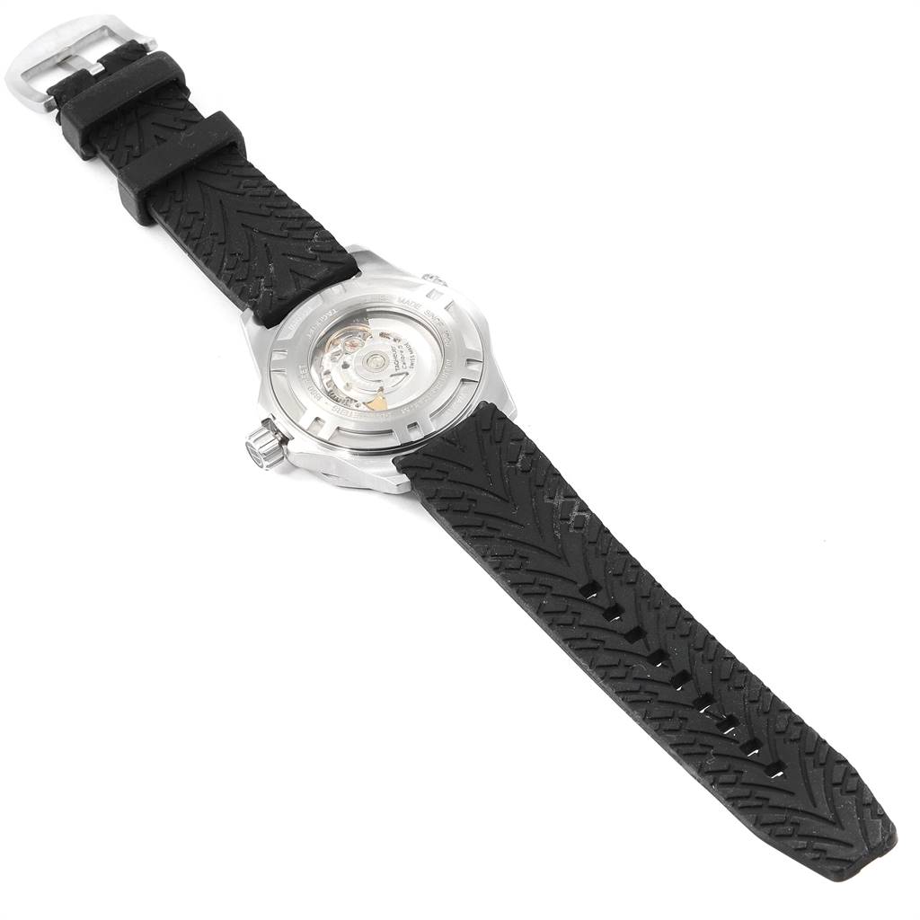 The image shows the back view and strap of a Tag Heuer Aquaracer WAJ2110.FT6015 Men's Stainless Steel Black Dial WAJ2110.FT6015 Men's Stainless Steel Black Dial watch, highlighting the case back and rubber strap.