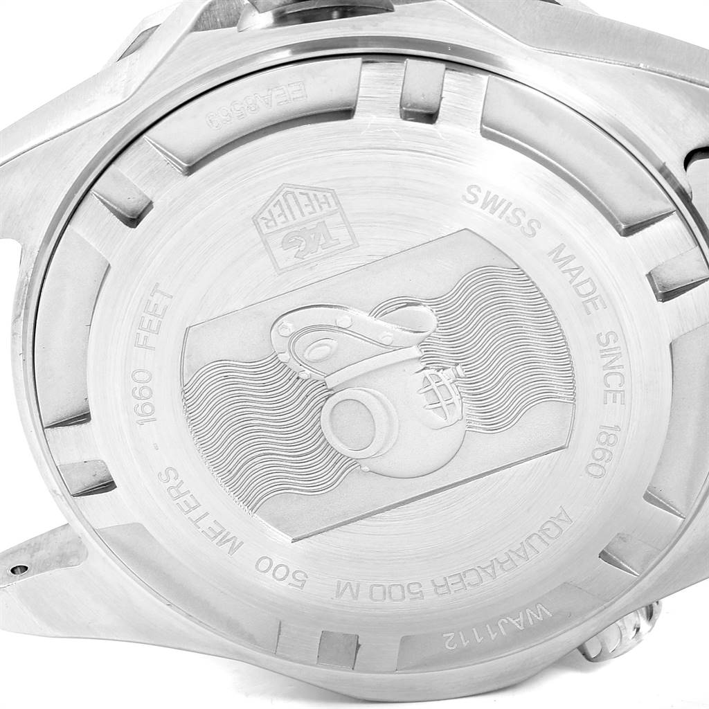 This image shows the case back of a Tag Heuer Aquaracer WAJ1112.BA0871 Men
s Stainless Steel Blue Dial WAJ1112.BA0871 Men
s Stainless Steel Blue Dial watch, highlighting its engravings and branding.