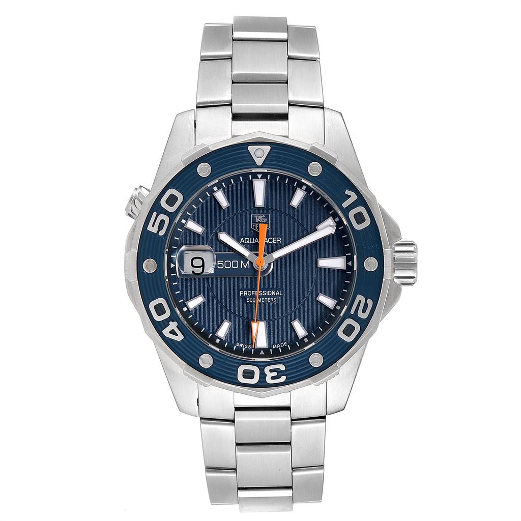 The image shows a front view of a Tag Heuer Aquaracer WAJ1112.BA0871 Men
s Stainless Steel Blue Dial WAJ1112.BA0871 Men
s Stainless Steel Blue Dial watch displaying its face, bezel, crown, and bracelet.