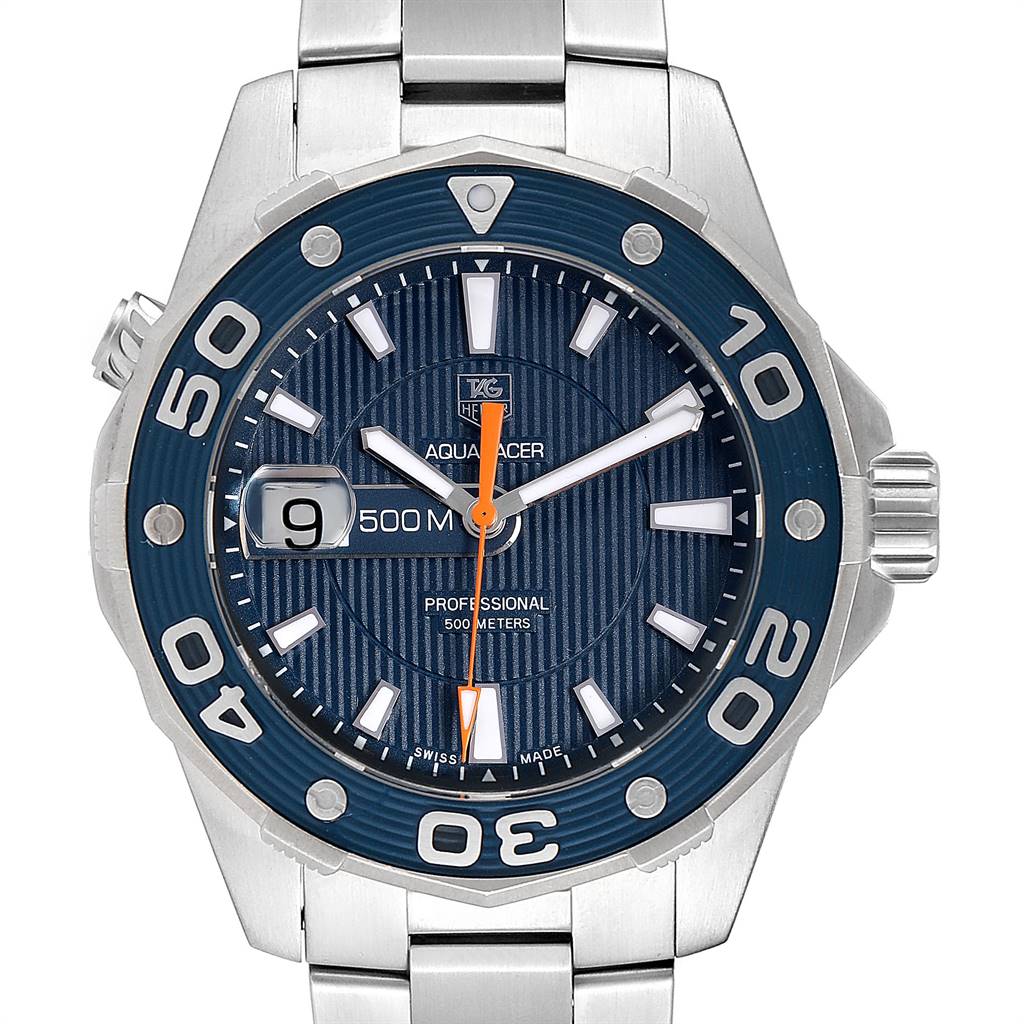 The image shows a Tag Heuer Aquaracer WAJ1112.BA0871 Men
s Stainless Steel Blue Dial WAJ1112.BA0871 Men
s Stainless Steel Blue Dial watch from a front angle, displaying the dial, bezel, crown, and part of the bracelet.