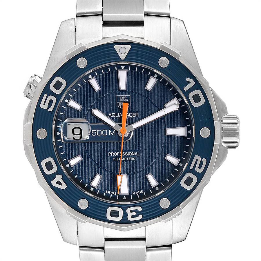Tag Heuer Aquaracer 500M Blue Dial Orange Hand Steel Mens Watch WAJ1112 SwissWatchExpo