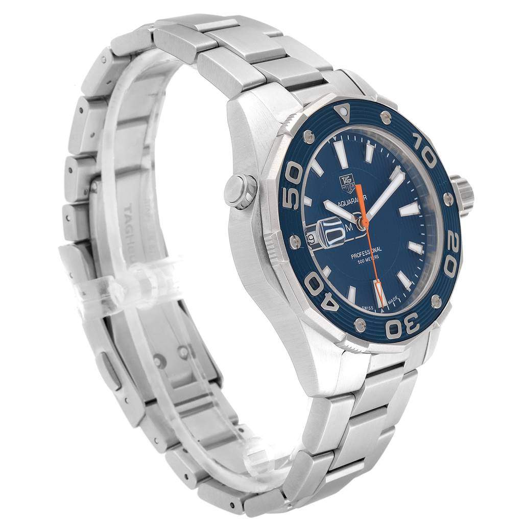 The Tag Heuer Aquaracer WAJ1112.BA0871 Men
s Stainless Steel Blue Dial WAJ1112.BA0871 Men
s Stainless Steel Blue Dial watch is shown from a side angle, highlighting its stainless steel band, bezel, and face.