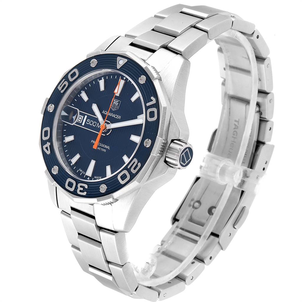 The image shows a Tag Heuer Aquaracer WAJ1112.BA0871 Men
s Stainless Steel Blue Dial WAJ1112.BA0871 Men
s Stainless Steel Blue Dial watch at a three-quarter angle, displaying the watch face, bezel, and metal bracelet.