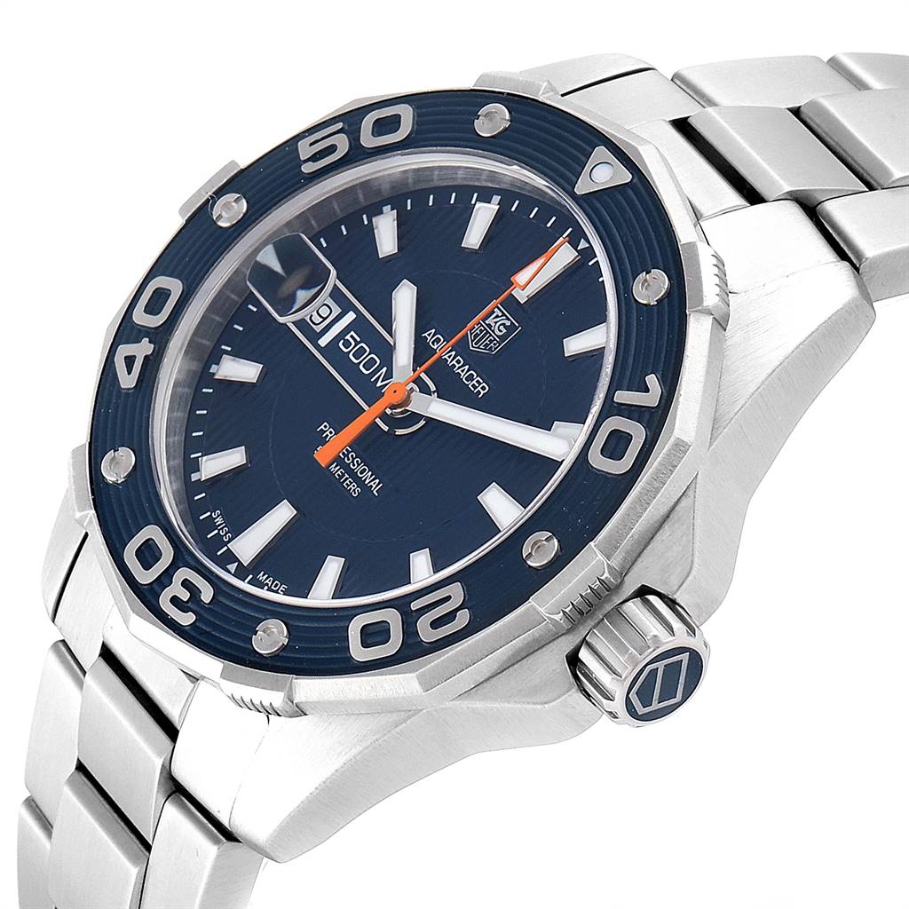The image shows a close-up, angled view of a Tag Heuer Aquaracer WAJ1112.BA0871 Men
s Stainless Steel Blue Dial WAJ1112.BA0871 Men
s Stainless Steel Blue Dial watch
s face and part of its metal bracelet.
