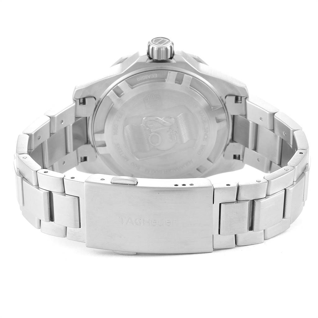 The image shows the back view of a Tag Heuer Aquaracer WAJ1112.BA0871 Men
s Stainless Steel Blue Dial WAJ1112.BA0871 Men
s Stainless Steel Blue Dial watch, including the case back, crown, and bracelet.