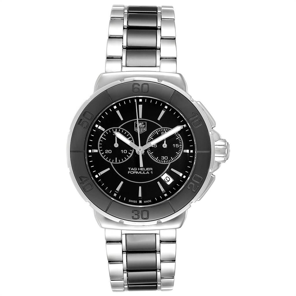 The image shows a front view of the Tag Heuer Formula 1 CAH1210.BA0862 Men's Stainless Steel Black Dial CAH1210.BA0862 Men's Stainless Steel Black Dial watch, displaying its face, bezel, and bracelet.