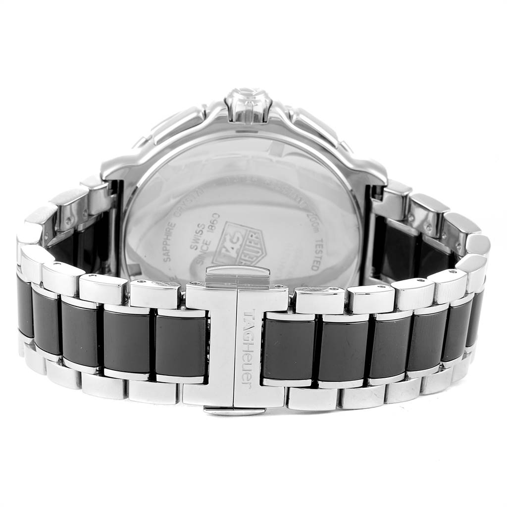 The image shows the back view of a Tag Heuer Formula 1 CAH1210.BA0862 Men's Stainless Steel Black Dial CAH1210.BA0862 Men's Stainless Steel Black Dial watch, highlighting the case back and metal bracelet with clasp.