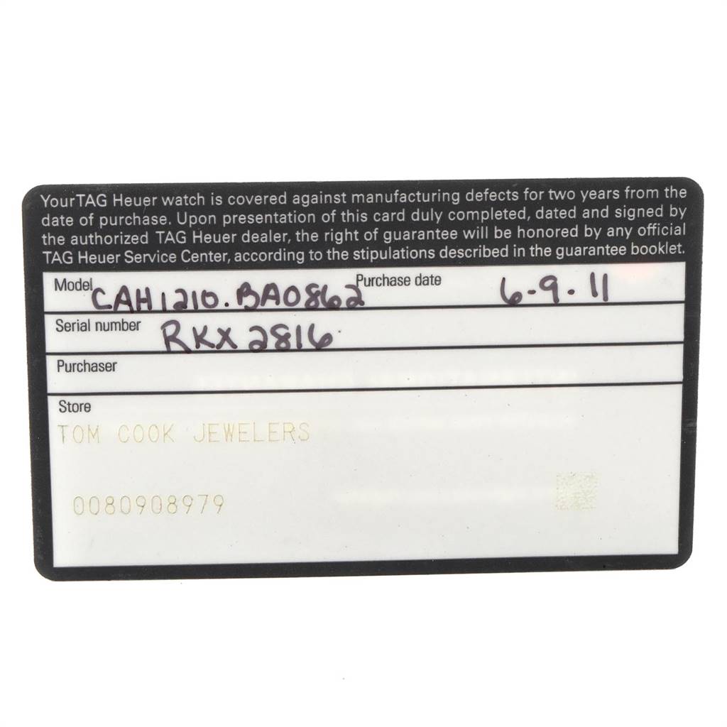 This image shows a warranty card for the Tag Heuer Formula 1 CAH1210.BA0862 Men's Stainless Steel Black Dial CAH1210.BA0862 Men's Stainless Steel Black Dial model with handwritten details including the purchase date and serial number.