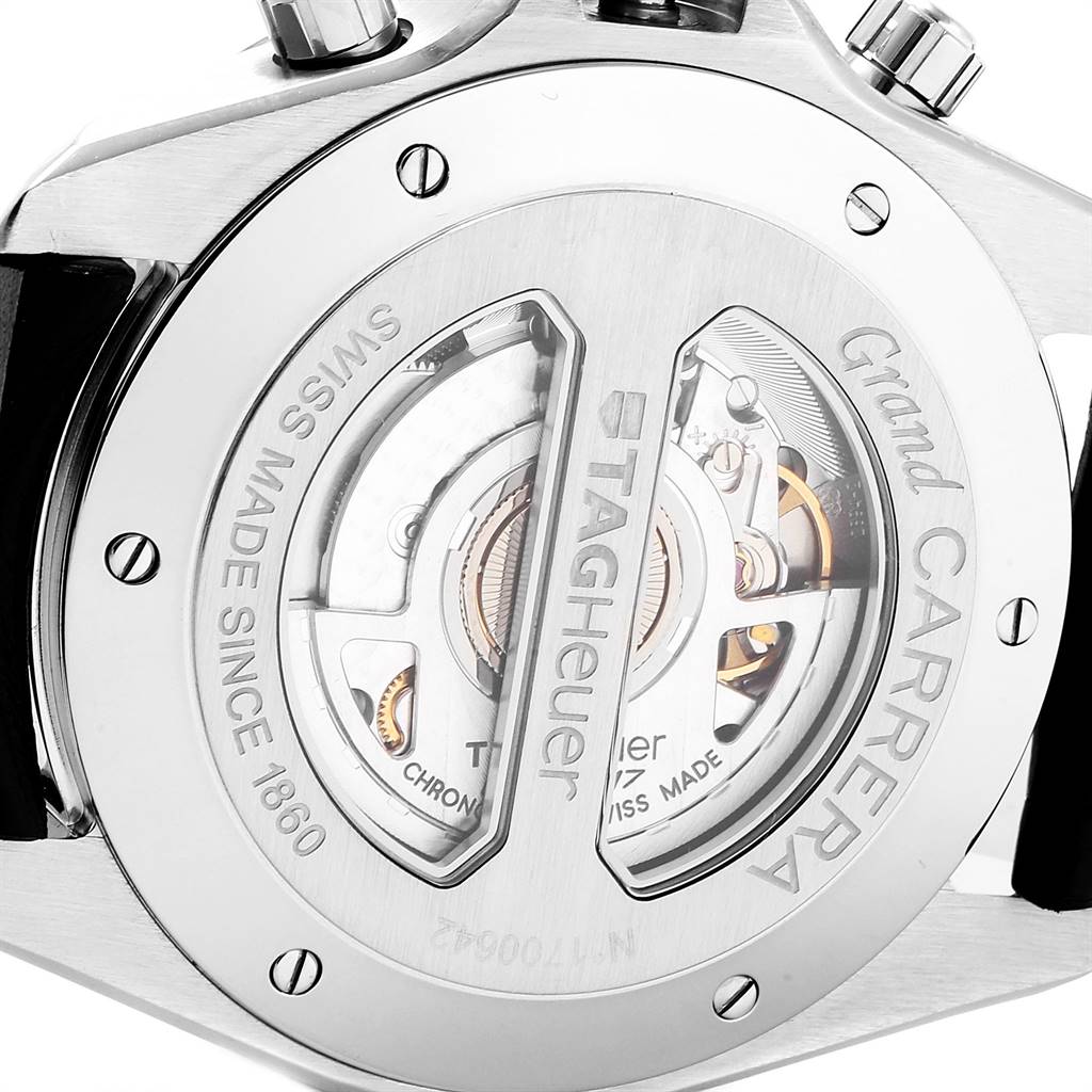 The image shows the back view of a Tag Heuer Carrera CAV511A.FC6225 Men's Stainless Steel Black Dial CAV511A.FC6225 Men's Stainless Steel Black Dial watch displaying the internal mechanism and branding.