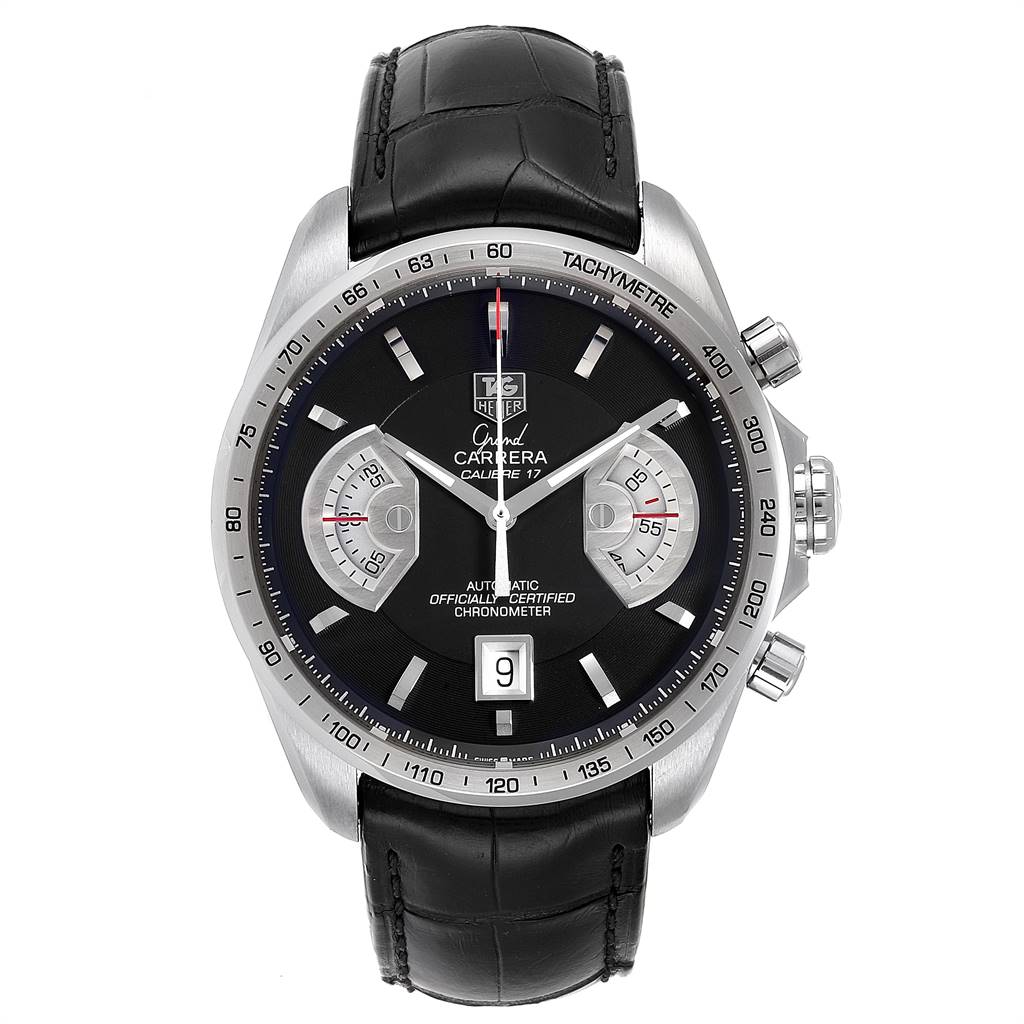 The Tag Heuer Carrera CAV511A.FC6225 Men's Stainless Steel Black Dial CAV511A.FC6225 Men's Stainless Steel Black Dial model is shown from a front angle, displaying the face, bezel, and leather strap.