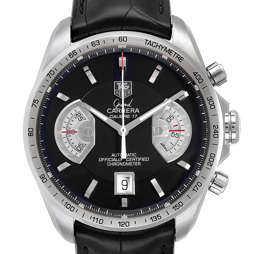 The image shows a front view of the Tag Heuer Carrera CAV511A.FC6225 Men's Stainless Steel Black Dial CAV511A.FC6225 Men's Stainless Steel Black Dial Calibre 17 watch, displaying its face, dials, and tachymeter bezel.