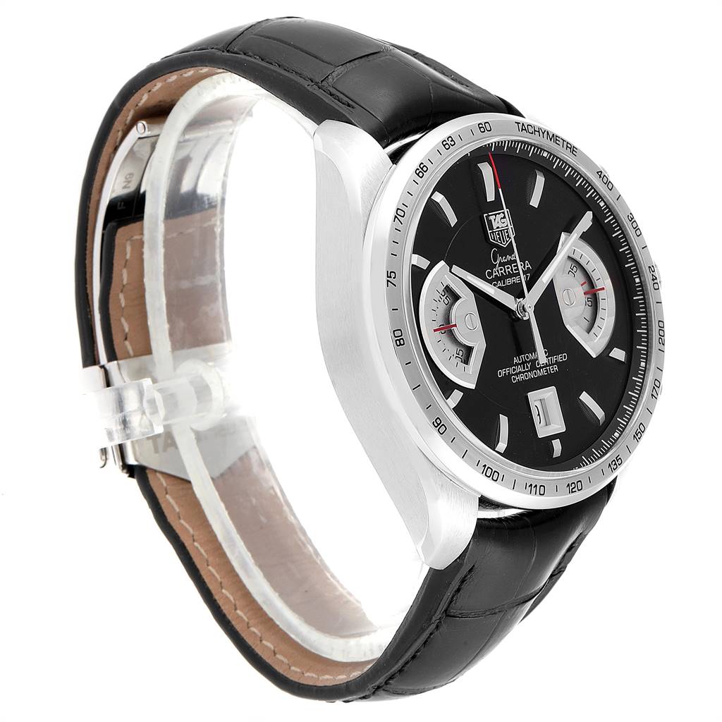 The image shows a side-angle view of a Tag Heuer Carrera CAV511A.FC6225 Men's Stainless Steel Black Dial CAV511A.FC6225 Men's Stainless Steel Black Dial watch, highlighting the black dial, bezel, and leather strap.