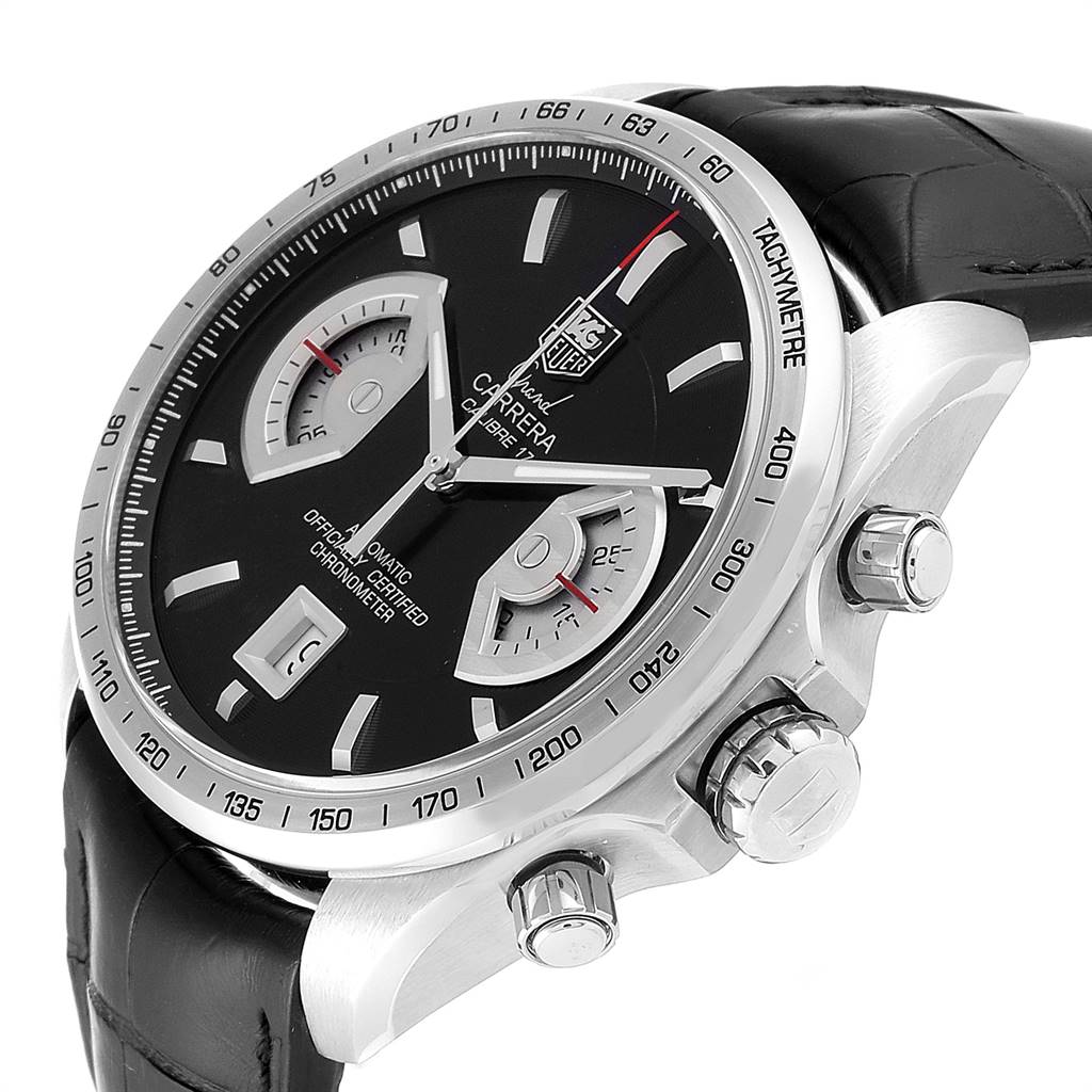 The image shows a side angle of the Tag Heuer Carrera CAV511A.FC6225 Men's Stainless Steel Black Dial CAV511A.FC6225 Men's Stainless Steel Black Dial watch, highlighting the dial, crown, and pushers.
