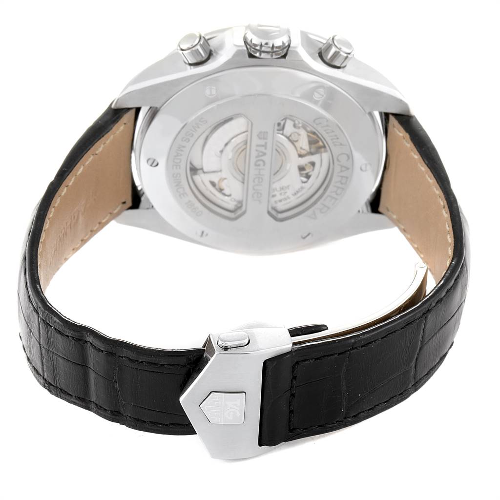 This image shows the back view of a Tag Heuer Carrera CAV511A.FC6225 Men's Stainless Steel Black Dial CAV511A.FC6225 Men's Stainless Steel Black Dial watch, highlighting its automatic movement and black leather strap with clasp.