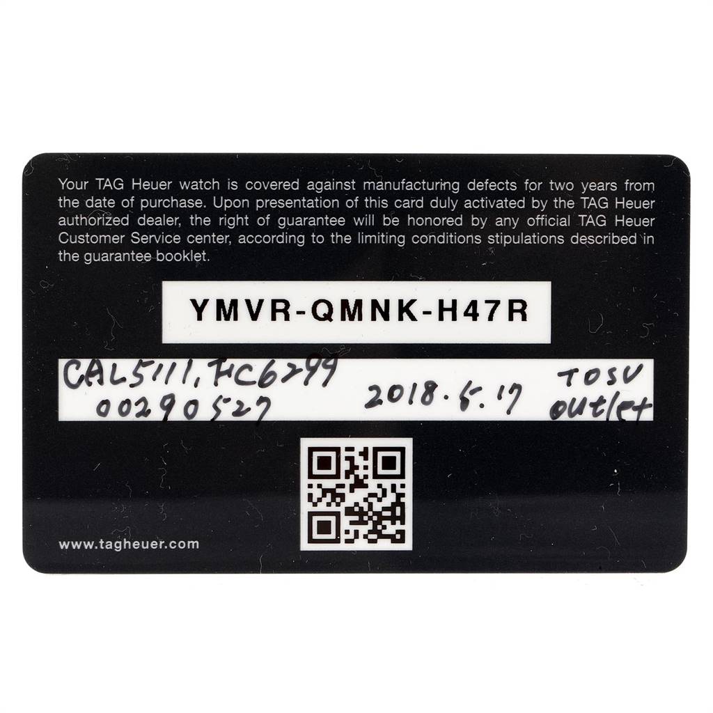 The image shows a warranty card for the Monaco model by Tag Heuer, displaying the serial number and purchase details.