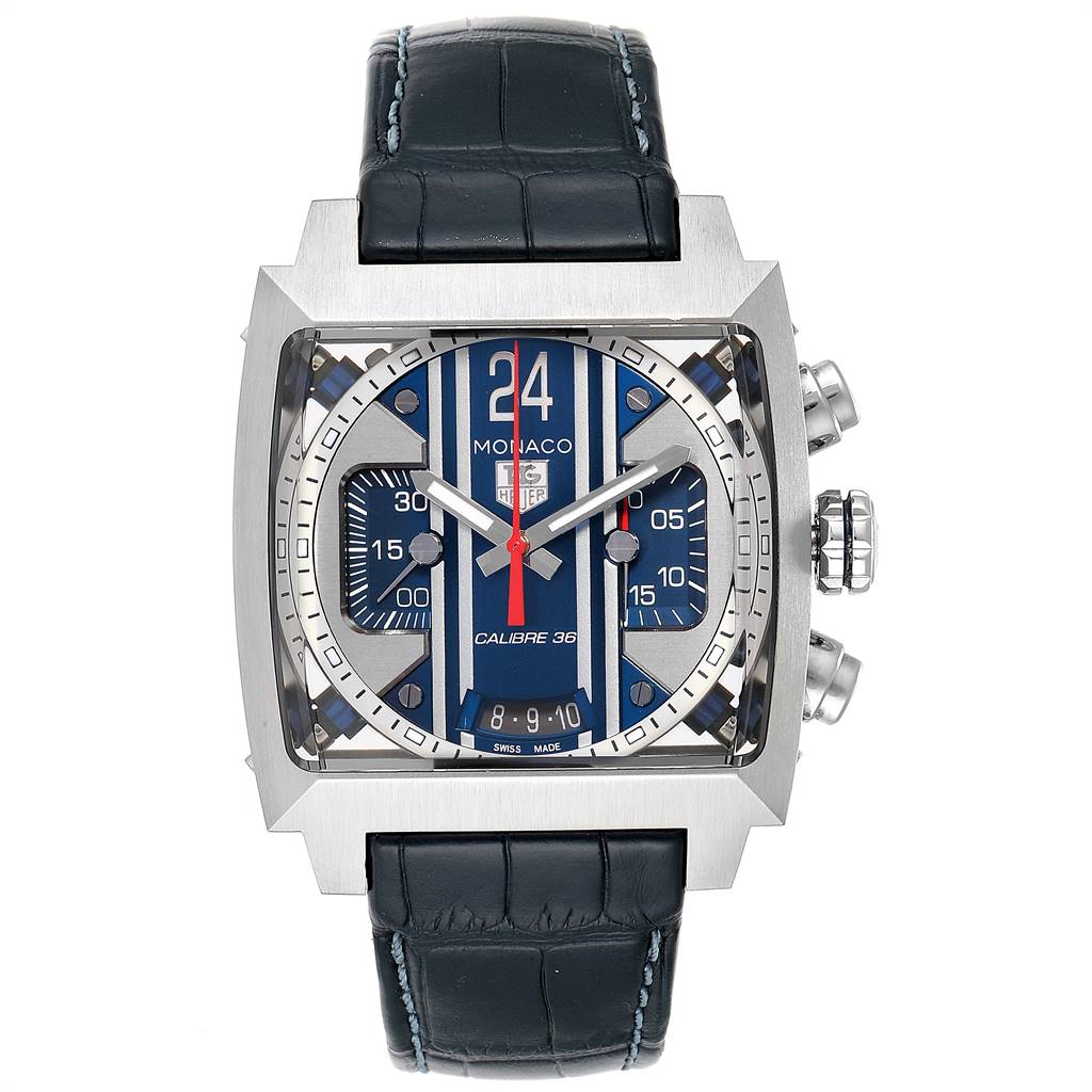 The image shows a front view of a Tag Heuer Monaco CAL5111.FC6299 Men's Stainless Steel Blue Dial CAL5111.FC6299 Men's Stainless Steel Blue Dial watch, featuring its square face, subdials, and leather strap.