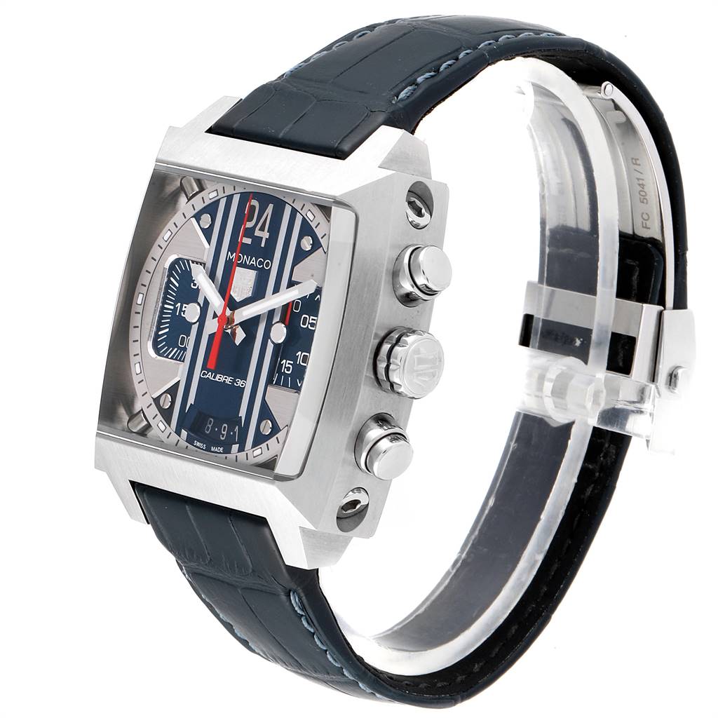 The Tag Heuer Monaco CAL5111.FC6299 Men's Stainless Steel Blue Dial CAL5111.FC6299 Men's Stainless Steel Blue Dial watch is shown from a three-quarter front angle, displaying the dial, case, pushers, and strap.