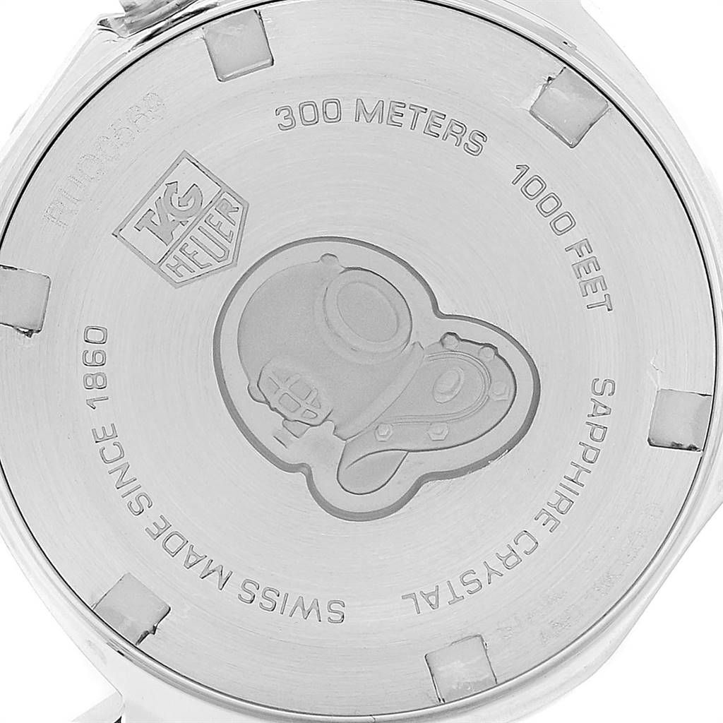 This image shows the back case of the Tag Heuer Aquaracer WAF1450.BA0825 Women's Steel and Gold (two tone) Mother of Pearl Dial WAF1450.BA0825 Women's Steel and Gold (two tone) Mother of Pearl Dial watch, highlighting its engravings and water resistance details.