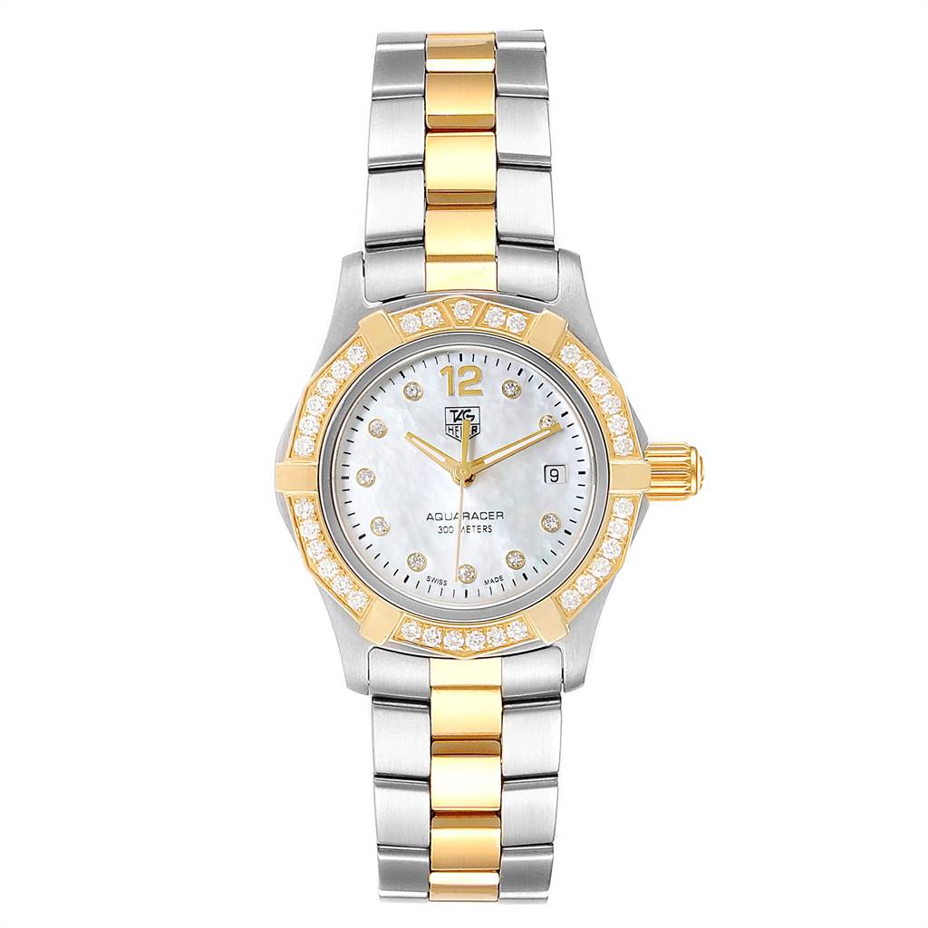 The Tag Heuer Aquaracer WAF1450.BA0825 Women's Steel and Gold (two tone) Mother of Pearl Dial WAF1450.BA0825 Women's Steel and Gold (two tone) Mother of Pearl Dial watch is shown from a top view, displaying its face, bezel, crown, and bracelet.