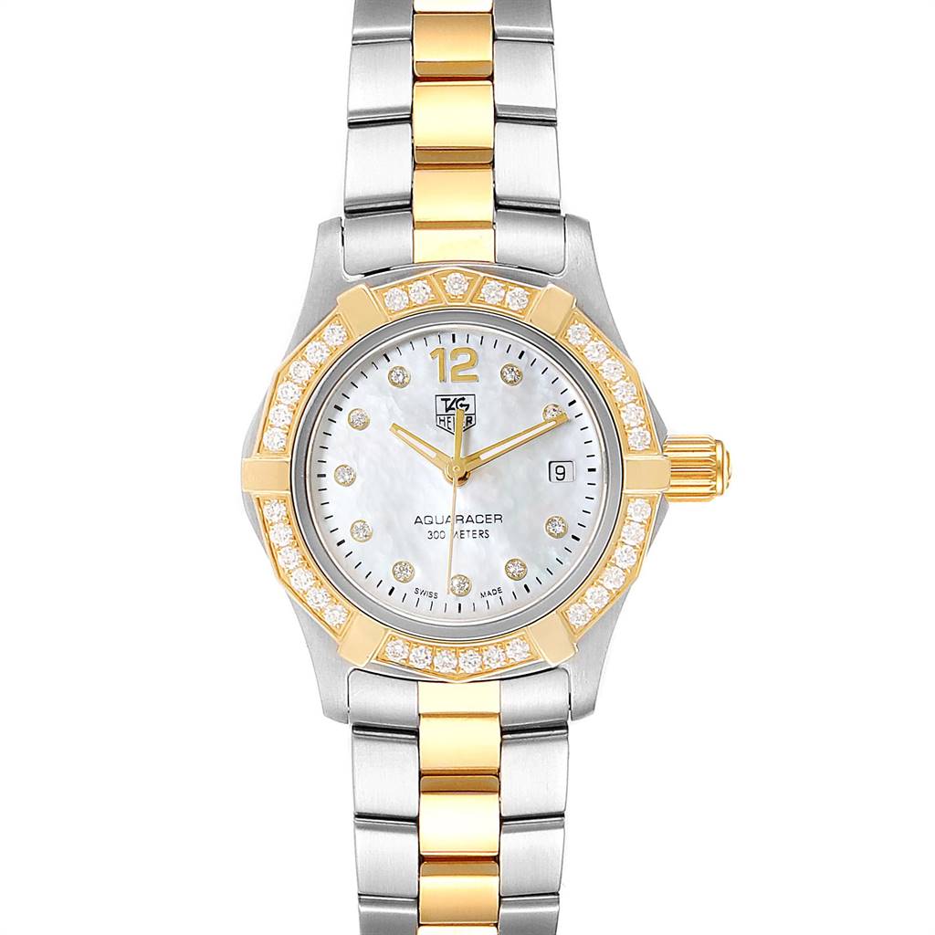 The image shows a front view of the Tag Heuer Aquaracer WAF1450.BA0825 Women's Steel and Gold (two tone) Mother of Pearl Dial WAF1450.BA0825 Women's Steel and Gold (two tone) Mother of Pearl Dial watch, featuring its bezel, crown, dial, and two-tone bracelet.