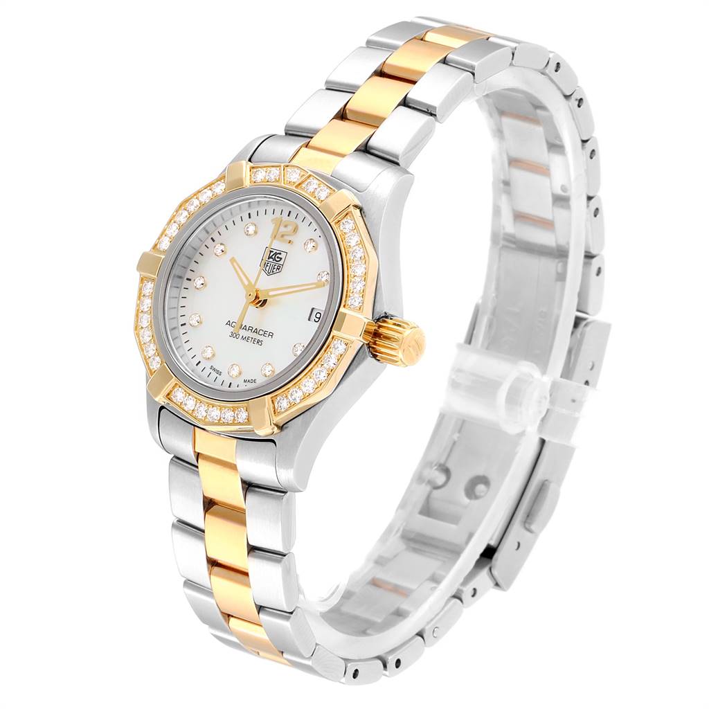 The image shows a Tag Heuer Aquaracer WAF1450.BA0825 Women's Steel and Gold (two tone) Mother of Pearl Dial WAF1450.BA0825 Women's Steel and Gold (two tone) Mother of Pearl Dial watch angled to display the face, bezel, and bracelet.
