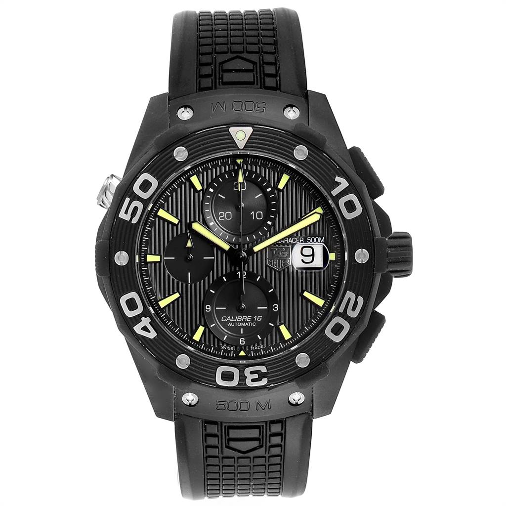 The image shows a front view of a Tag Heuer Aquaracer CAJ2180.FT6023 Men's Titanium Black Dial CAJ2180.FT6023 Men's Titanium Black Dial watch, displaying its face, bezel, and strap.