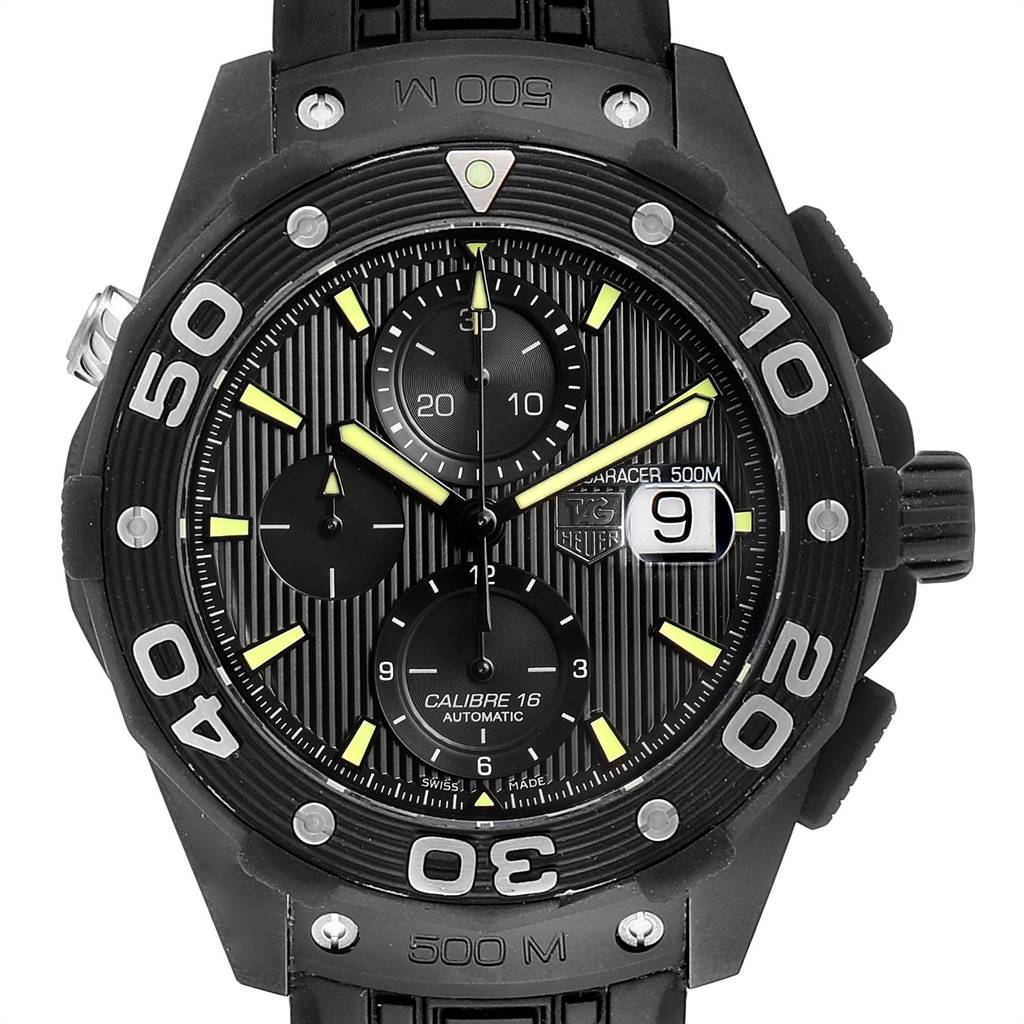 This is a front view of the Tag Heuer Aquaracer CAJ2180.FT6023 Men's Titanium Black Dial CAJ2180.FT6023 Men's Titanium Black Dial model watch showing its face, bezel, and strap.