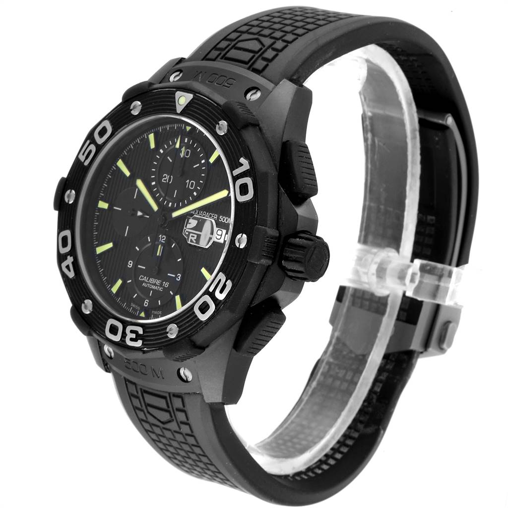 The image shows a side and front angle of the Tag Heuer Aquaracer CAJ2180.FT6023 Men's Titanium Black Dial CAJ2180.FT6023 Men's Titanium Black Dial watch, highlighting its bezel, dial, and rubber strap.