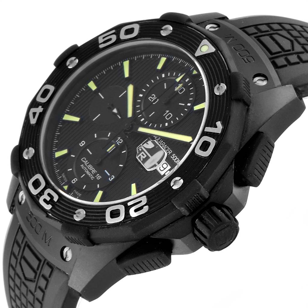 The image shows an angled view of a Tag Heuer Aquaracer CAJ2180.FT6023 Men's Titanium Black Dial CAJ2180.FT6023 Men's Titanium Black Dial watch, highlighting its bezel, dial, and strap.