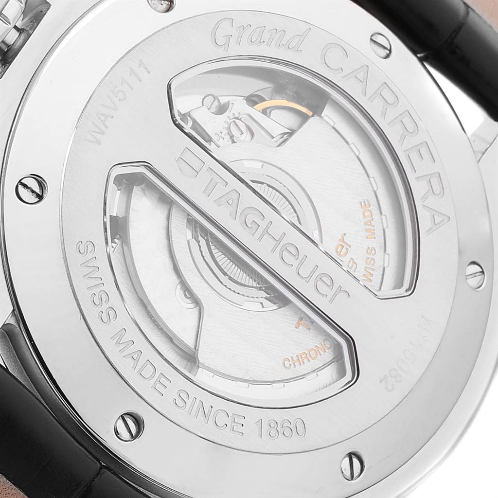 The image shows the back of a Tag Heuer Carrera WAV5111 Men's Stainless Steel Black Dial WAV5111 Men's Stainless Steel Black Dial watch, featuring an exhibition case back displaying the movement.