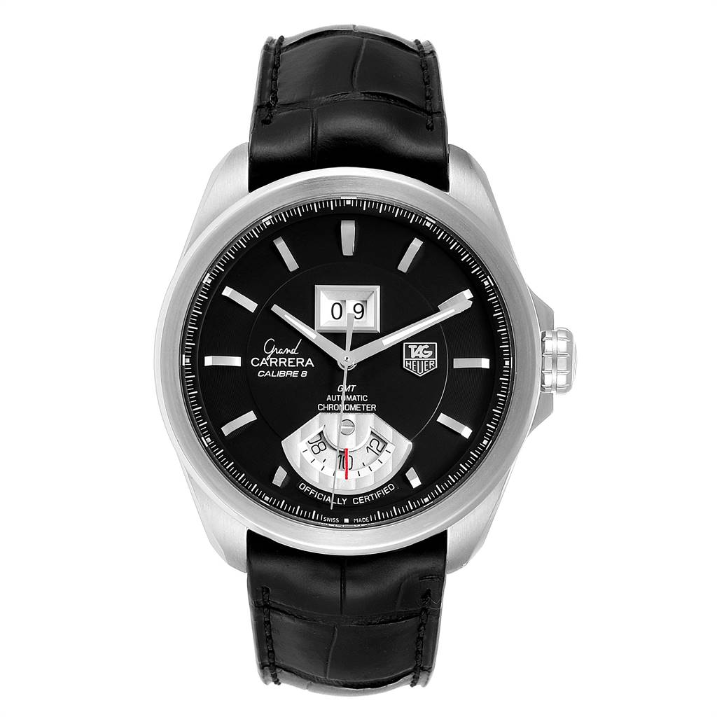 The Tag Heuer Carrera WAV5111 Men's Stainless Steel Black Dial WAV5111 Men's Stainless Steel Black Dial model watch is depicted from a front angle, showing the entire face and leather strap.