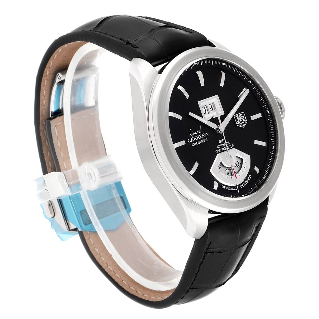 This image shows a side angle of a Tag Heuer Carrera WAV5111 Men's Stainless Steel Black Dial WAV5111 Men's Stainless Steel Black Dial model watch focusing on its black dial, stainless steel case, and black leather strap.