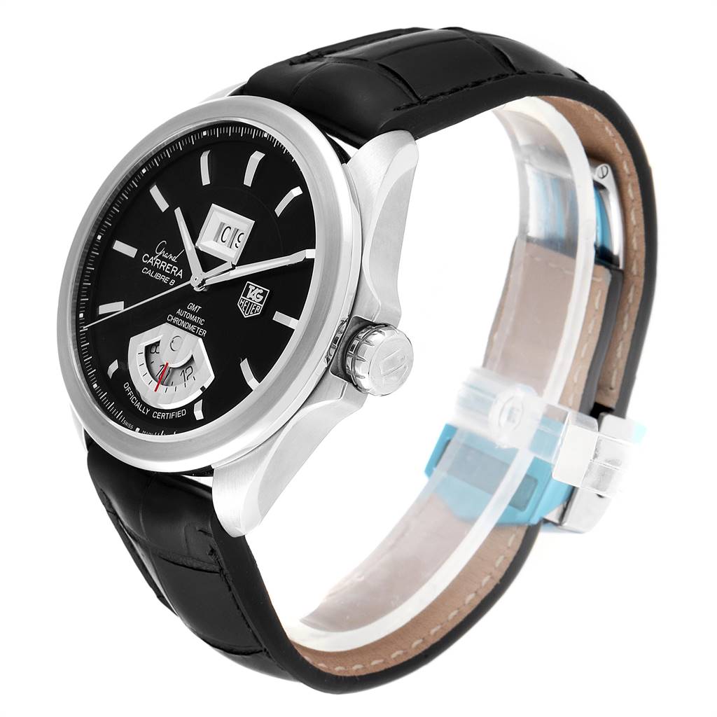 This image shows a side view of the Tag Heuer Carrera WAV5111 Men's Stainless Steel Black Dial WAV5111 Men's Stainless Steel Black Dial watch, highlighting the face, crown, and black leather strap.