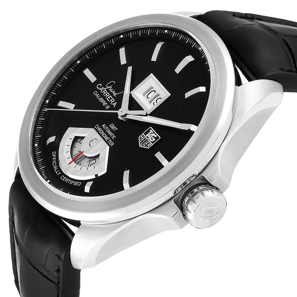 The image shows a side and partial front view of a Tag Heuer Carrera WAV5111 Men's Stainless Steel Black Dial WAV5111 Men's Stainless Steel Black Dial watch, highlighting the dial, crown, and strap.