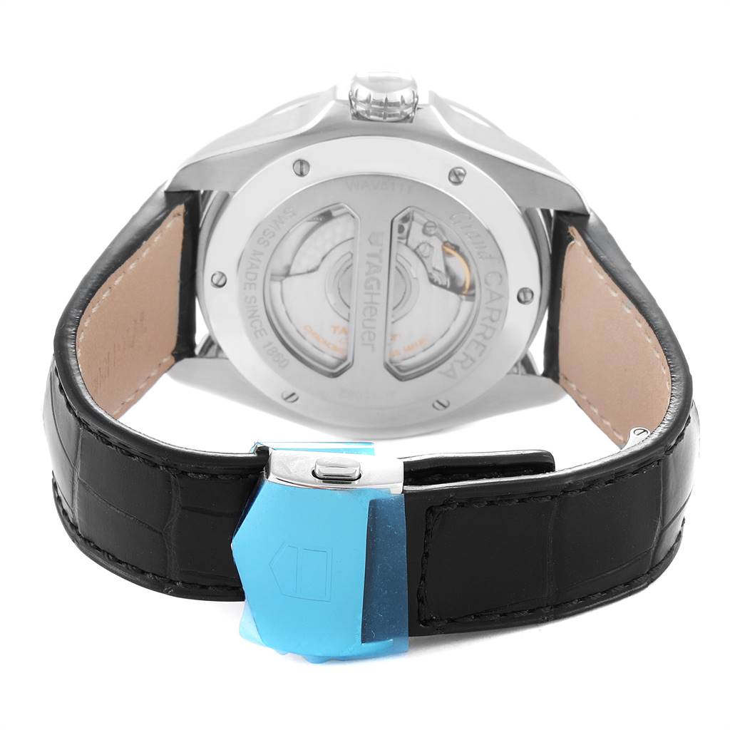 The image shows the back and clasp of a Tag Heuer Carrera WAV5111 Men's Stainless Steel Black Dial WAV5111 Men's Stainless Steel Black Dial watch, highlighting the inner workings and leather strap.