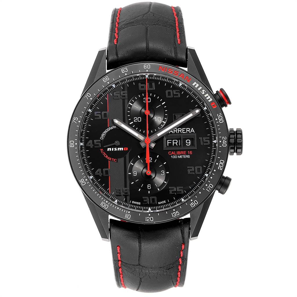 The Tag Heuer Carrera CV2A82.FC6237 Men's Titanium Black Dial CV2A82.FC6237 Men's Titanium Black Dial model watch is shown from a front angle, displaying its face, bezel, and leather strap.