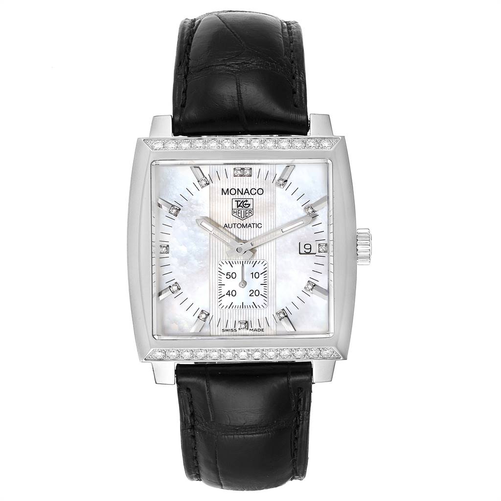The image shows a front view of the Tag Heuer Monaco WW2114.FC6215 Men's Stainless Steel Mother of Pearl Dial WW2114.FC6215 Men's Stainless Steel Mother of Pearl Dial watch, displaying its dial, case, and leather strap.