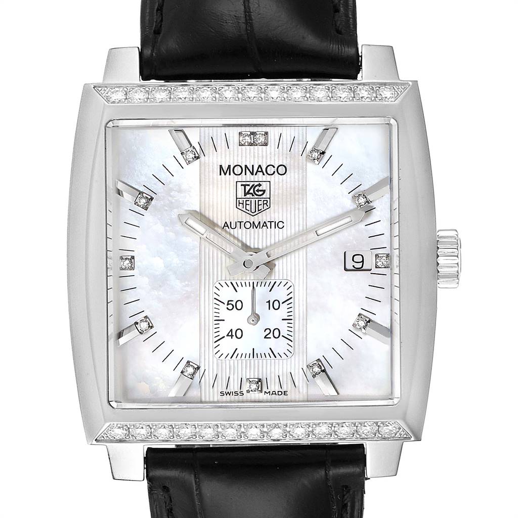 The image shows a front view of the Tag Heuer Monaco WW2114.FC6215 Men's Stainless Steel Mother of Pearl Dial WW2114.FC6215 Men's Stainless Steel Mother of Pearl Dial watch featuring a square face, silver accents, and a black leather strap.